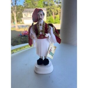 Vintage EVELT Greek Traditional Art Doll Evzone Guardsman Red White Gold 7.5"